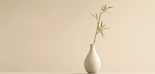 A minimalist depiction of a single, slender vase containing a bamboo stalk, set against a pure,...