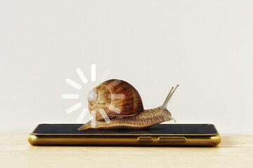 Snail with loading sign on smartphone -  Concept of slow Internet speed and slow progress loading bar
