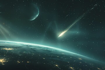 Obraz na płótnie Canvas Atmospheric stock image of a comet passing by Earth, tail glowing brightly against the night sky, symbolizing cosmic events