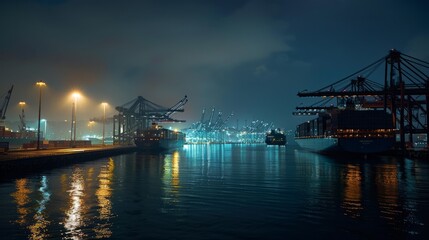Fototapeta na wymiar A nighttime scene at a container port, with the glow of city lights reflecting off the calm waters as ships are unloaded under the watchful gaze of towering cranes