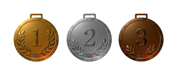A 3D-rendered illustration of a possible Olympic medal set, isolated on a white background