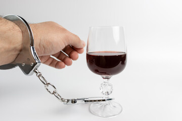 A man in handcuffs is combined with a glass of wine. The concept of alcohol addiction.