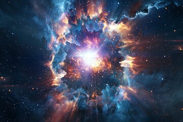 Dramatic stock photo of a supernova explosion in distant space, capturing the moment a star dies in a brilliant burst of light and energy