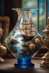 Antique vintage vase made of clear blue glass. The vase is painted with a sailboat and roses on the rocks.