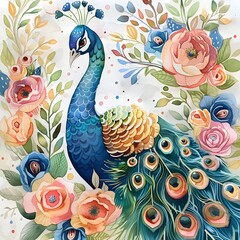 Enchanting Peacock Amid Lush Botanical Blooms in Delicate Watercolor Painting