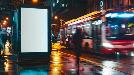  a mockup showcasing a blank white vertical digital billboard poster on a city street bus stop sign illuminated against the darkness of the night