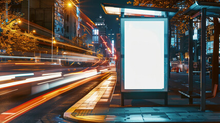  a mockup showcasing a blank white vertical digital billboard poster on a city street bus stop sign illuminated against the darkness of the night