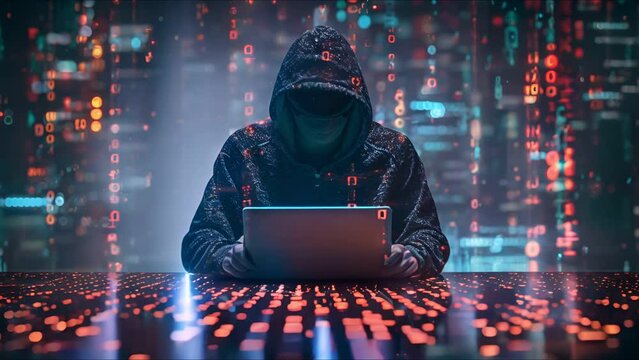 Portray the ominous presence of a hacker manipulating code to disrupt a computer system