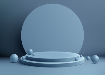 3D blue podium with circle backdrop and many balls elements on a blue background, modern concept, product display, mockup, showroom, showcase