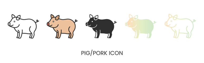 Vector pig icon, pork meat icon in solid, gradient and line styles. Trendy colors. Isolated on a white background. Editable stroke