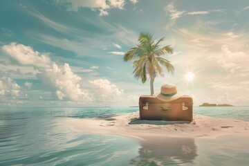 Tropical paradise with vintage suitcase and sunhat on a tranquil beach at sunset
