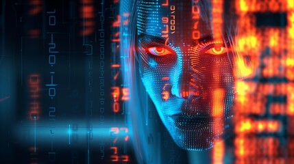 Face of beautiful young caucasian woman with facial recognition and biometric identification interface. Concept of AI and security. Double exposure