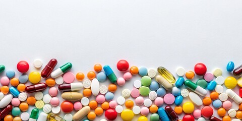 top view of multicolored tablets and pills on a white studio background with space for text