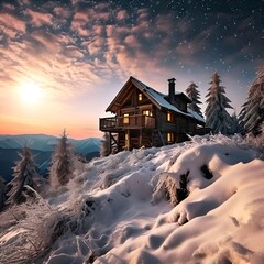  climbing to tourist wild alpine mountain to an babandoned cabin in order to illuminate-the snow cover 