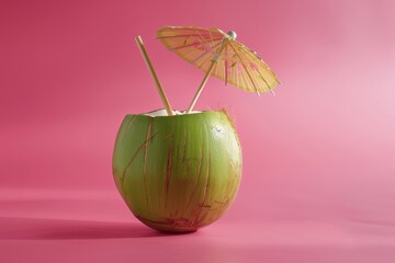 Tropical green coconut drink with straws and umbrella on vivid pink background