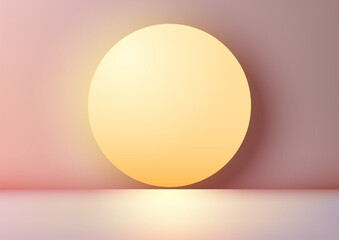 A small yellow circle backdrop sits on a light pink stage om minimal wall scene background