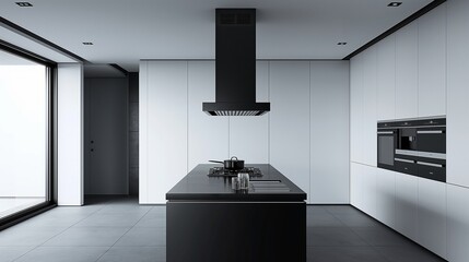 A minimalist kitchen design featuring a monochromatic color palette, with a sleek, black island countertop against pure white walls.