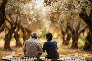 Intimate elderly African-American couple enjoying a peaceful picnic in a serene olive grove