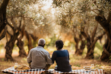 Intimate elderly African-American couple enjoying a peaceful picnic in a serene olive grove - Powered by Adobe