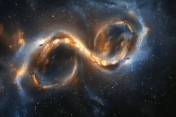 Stock image of a cosmic ballet between two galaxies merging, their gravitational dance creating new star formations, showcasing the universes evolution