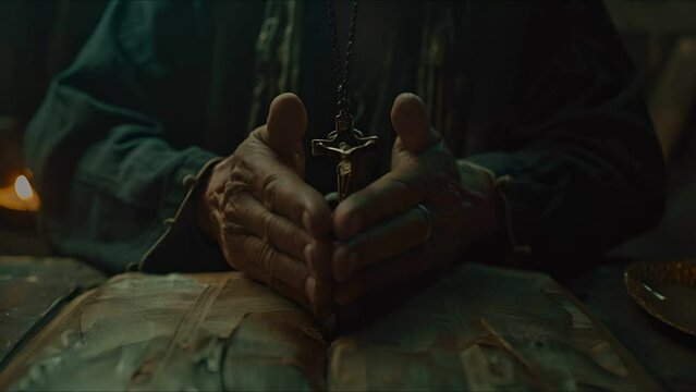 Praying hands of Asian man on Bible, with crucifix pendant, spiritual setting