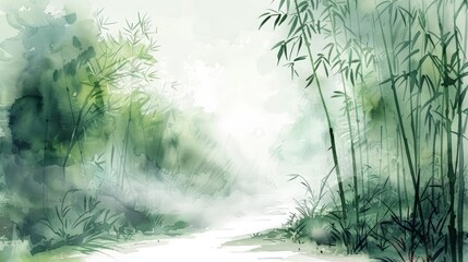 A serene watercolor painting shows a misty morning in a bamboo grove, Clipart minimal watercolor isolated on white background