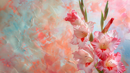 Composition with beautiful gladiolus flowers on color