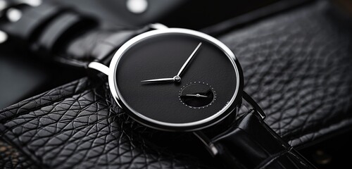 A minimalist, modern black watch with a sleek design, resting on a fancy, textured black leather...