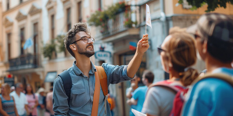 Tour guide leading a group of visitors to tourist attractions, giving them information and insights, pointing at local architecture.