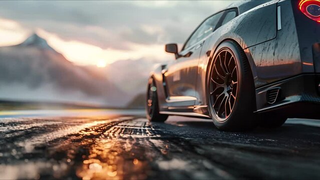 Drifting sport car on track, tire burn, mountain scene, shot from low grass angle