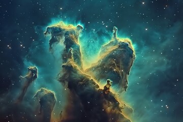 Stock photo of the Pillars of Creation within the Eagle Nebula, captured in high detail, showcasing stellar evolution and cosmic wonder