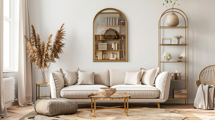 Interior of living room with golden mirror sofa and sh