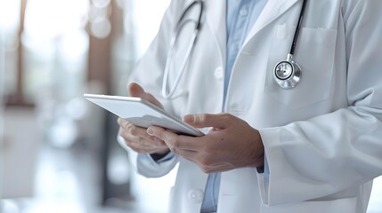 Close up of a doctor using a tablet while standing in a hospital office