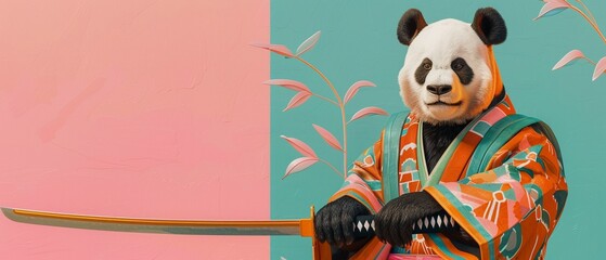 A 3D illustration featuring a panda samurai warrior wielding a sword