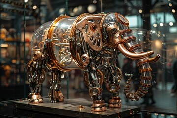 A 3D model of a mechanical elephant, showcasing copper and glass components 8K , high-resolution, ultra HD,up32K HD