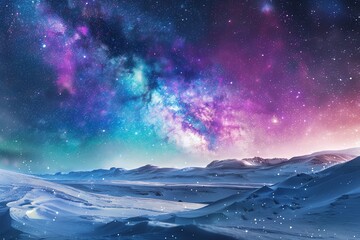 Vibrant stock photo of the Aurora Borealis with a galaxy backdrop, visible from a snowy landscape, showcasing natures cosmic dance