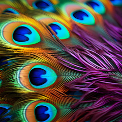 A close-up of a peacocks vibrant feathers. 
