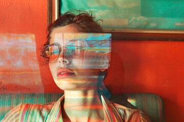 Aesthetic image of a woman with face obscured sitting in a mid-century style chair against an orange background