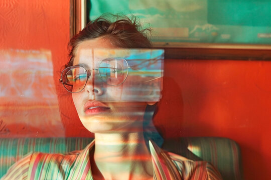 Aesthetic image of a woman with face obscured sitting in a mid-century style chair against an orange background