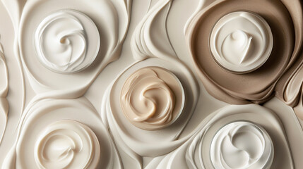 Creamy textures of skincare creams artfully spread across a surface inspired by the indulgence of a gourmet dessert buffet.