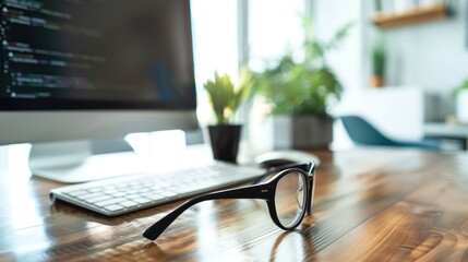 Monitor and glasses on wooden desk at office