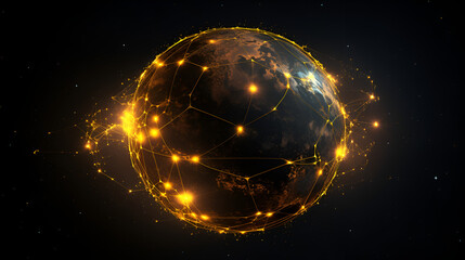 glowing planet with yellow network,earth in space,Celestial Bodies Network