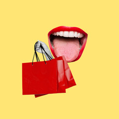Woman's big mouth with tongue sticking out holding yellow shopping red paper bag isolated on yellow color background. 3d trendy collage in magazine style. Contemporary art. Modern creative design