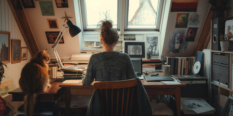Freelance graphic designer in a cozy attic workspace, surrounded by inspirational art, working on a...