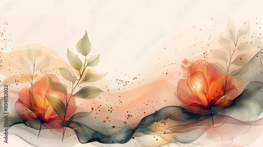 Poster Abstract art background vector. Luxury minimal style wallpaper with golden line art flower and botanical leaves. Organic shapes. Watercolor. Generative AI.