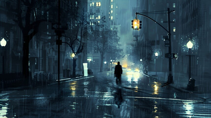 "In the Night's Embrace: A Lone Figure Amidst Rain and Light"
