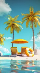 A beach scene with yellow lounge chairs, a yellow umbrella, and a palm tree.