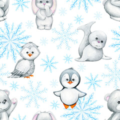 Arctic animals snowflakes, seamless watercolor pattern