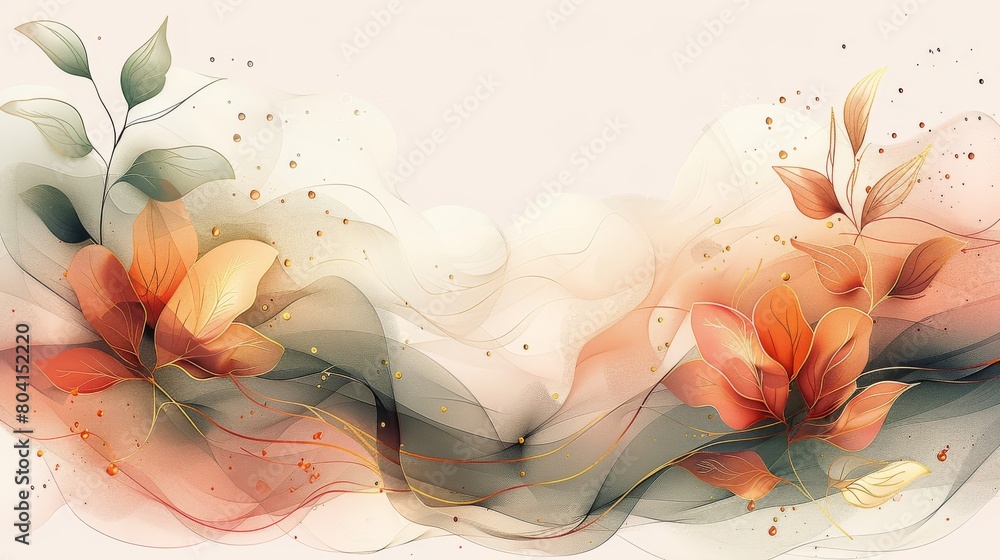 Poster Abstract art background vector. Luxury minimal style wallpaper with golden line art flower and botanical leaves. Organic shapes. Watercolor. Generative AI.
