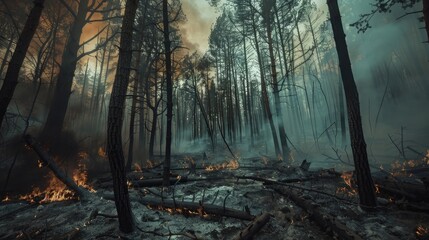 Aftermath of forest fire with burnt trees and smoky background